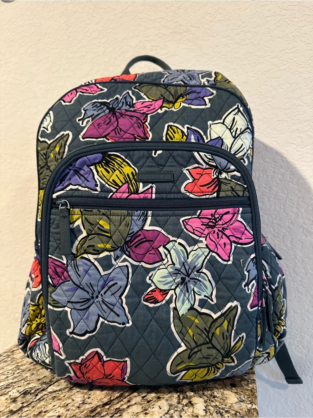 Vera Bradley Quilted Floral Backpack - Teal with Pink, Purple & Yellow Flowers